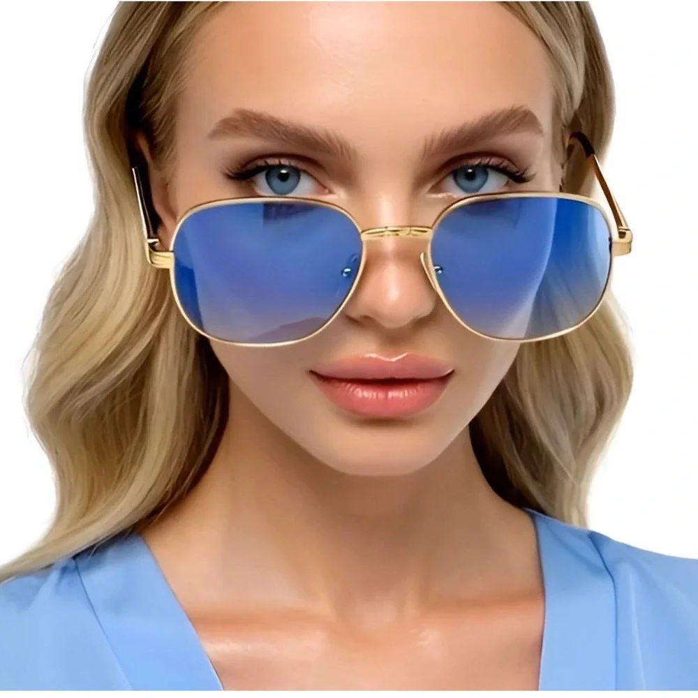 Gold Aviator Sunglasses Blue Gradient‎ Lens Geometric Metal Frame Retro Eyewear